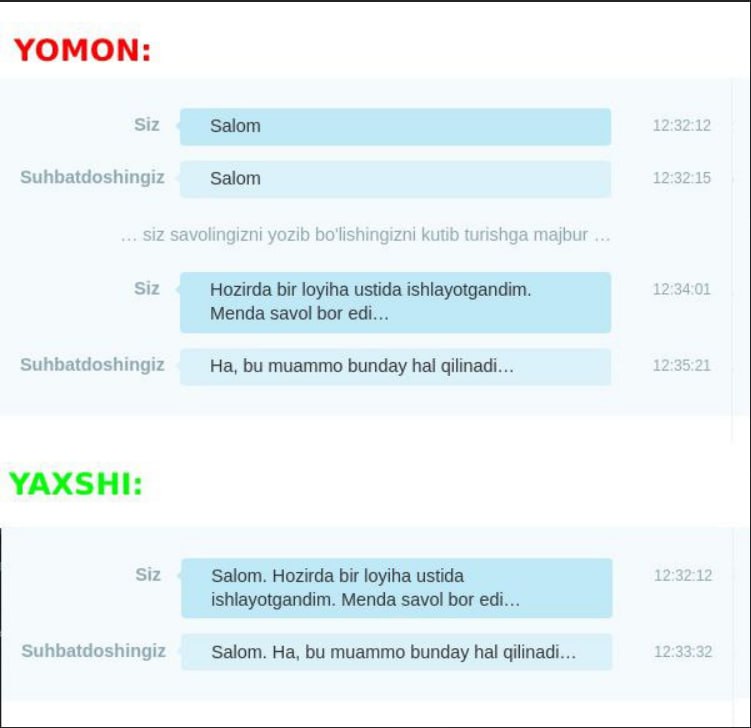 To'g'ri usulda salomlashish va savolni birga yozish namunasi